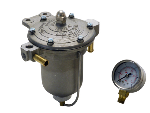 フューエルレギュレーター、FILTER KING 製、アルミケース (ゲージ付き)、85 mm径